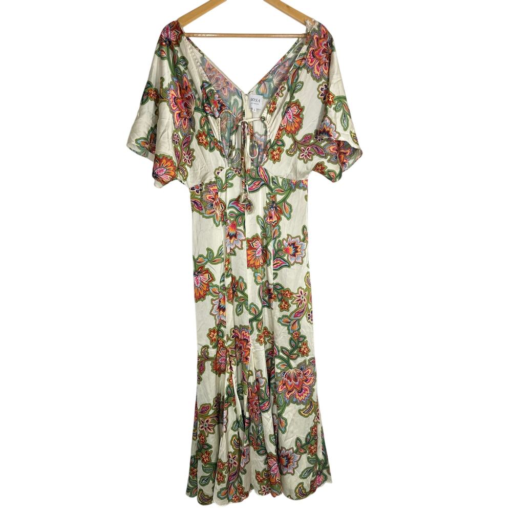 MISA Irena Dress Short Sleeve Cutout Midi Floral Lattice Cream S - Picture 3 of 13